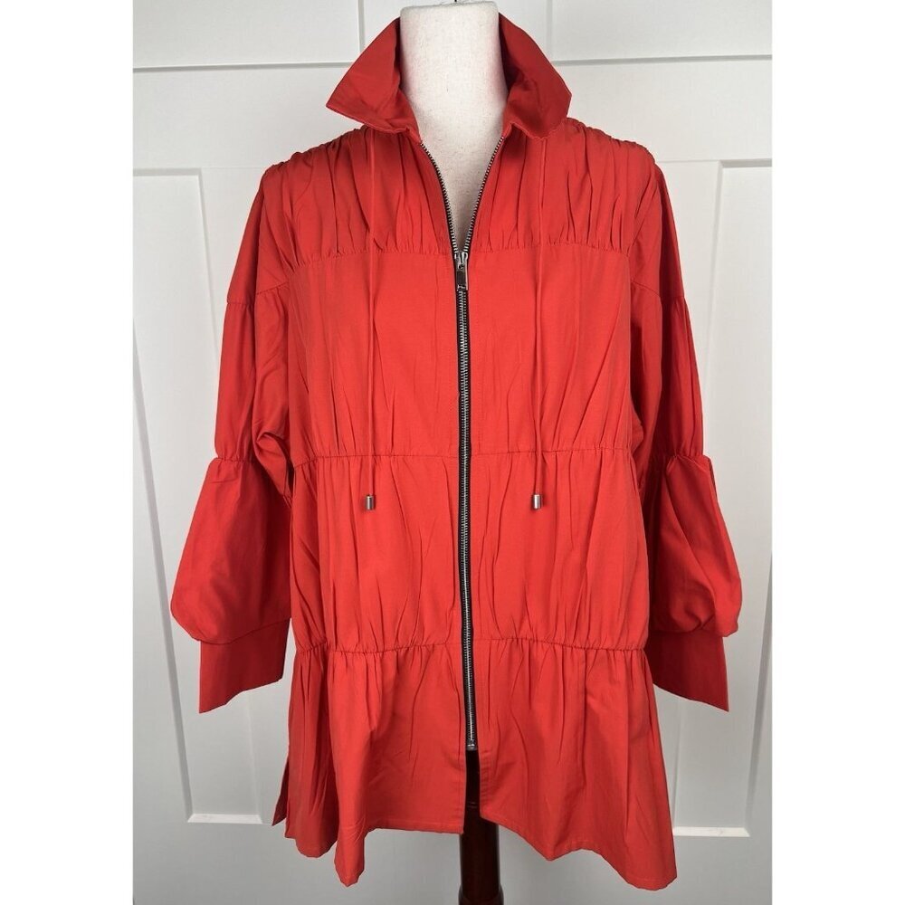 Parsley & Sage Lagenlook Tunic Jacket Red Orange Ruched Zip Front Artsy Size M